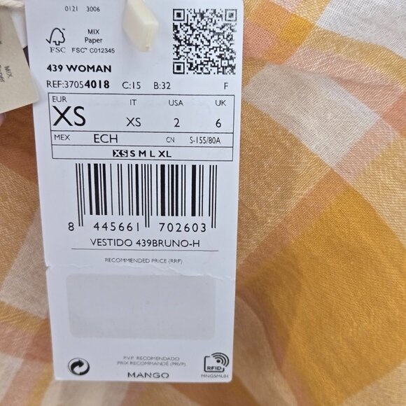 Mango MNG Mustard Yellow Checkered Gingham 100% Cotton Pockets Mini Dress XS - Picture 11 of 15